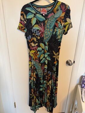 Johnny Was Black Midi Dress with Teal, Yellow & Pink Peacock Motif